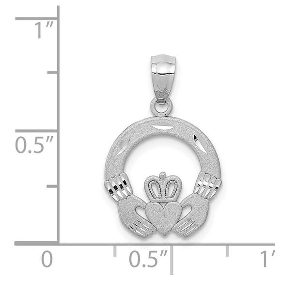 14k White Gold Satin & Diamond Cut Flat Claddagh Pendant, 14mm